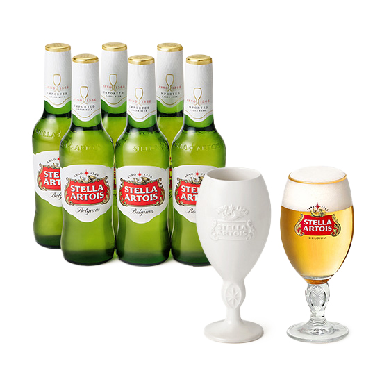 2025 연말 한정 스텔라 아르투아 고메챌리스 홀리데이 스노우 에디션으로 하얀색 고메챌리스와 330ml 병 맥주 6개와 33cl 챌리스 잔이 증정품으로 구성으로 된 상품 이미지 입니다.