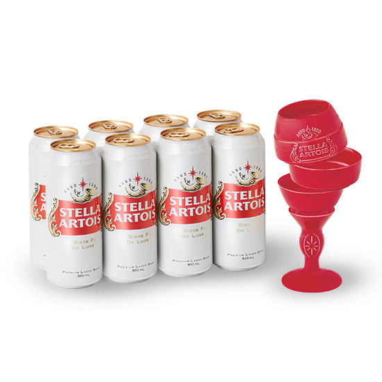 스텔라 아르투아 고메챌리스 나폴리 맛피아 에디션으로 빨간색 고메챌리스와 500ml 캔 맥주 8개 구성으로 된 상품 이미지 입니다.