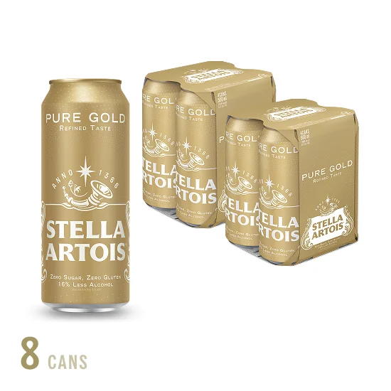 스텔라 아르투아 퓨어골드 500ml 캔 1개와 4캔 패키지 2개로 구성된 8캔 상품 이미지 입니다.