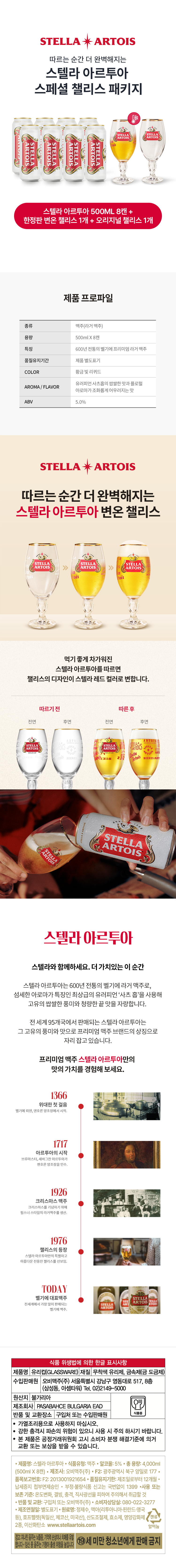 스텔라 아르투아 + 흑백요리사 시즌 2 15cl 미니챌리스 2잔과 330ml 병맥주 6병이 나열되어 있는 패키지 상품 상세내용 이미지 입니다.