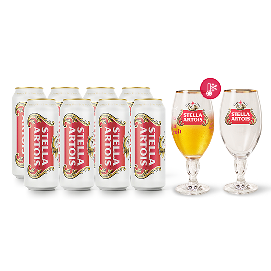 스텔라 아르투아 스페셜 챌리스 패키지로 500ML 8캔 + 한정판 변온 챌리스 1개 + 오리지널 챌리스 1개 구성으로 된 상품 이미지 입니다.