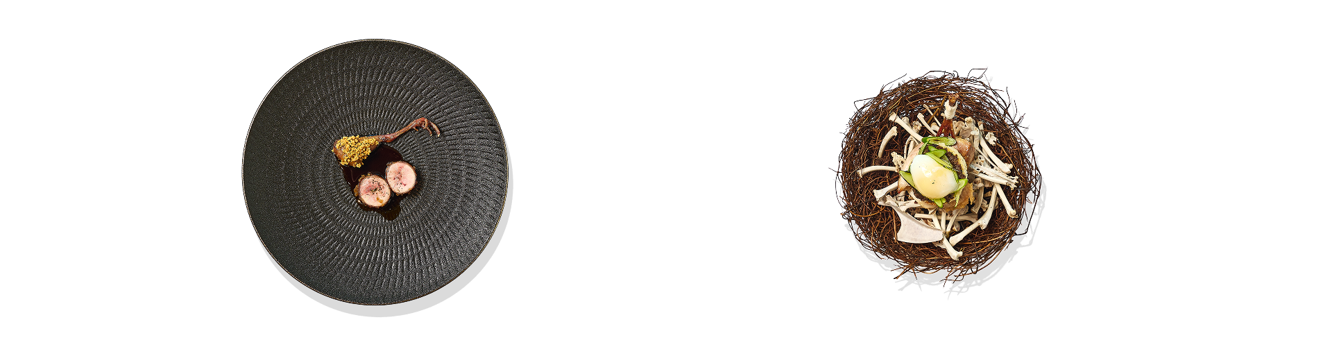 메인 디쉬 주 재료인 메추리로 요리한 결과물이 검은 빗살무늬 접시 위와, 메추리 둥지 모양 그릇에 담겨 있습니다